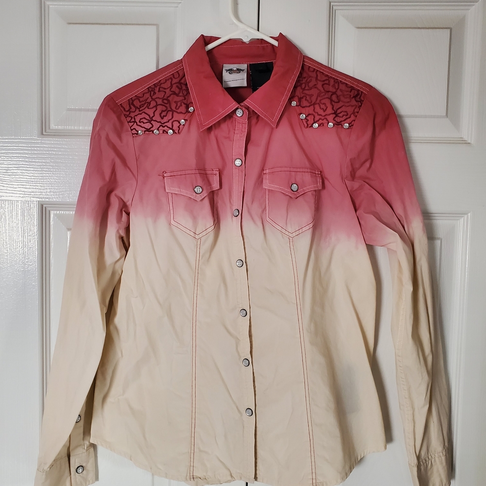 Harley-Davidson Pink and Cream Button Down Shirt